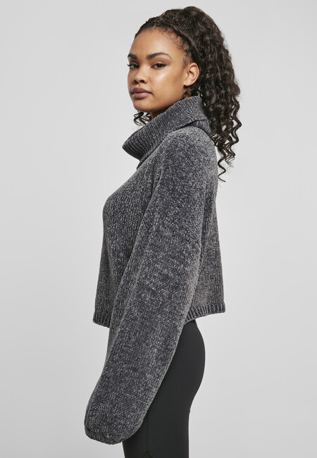 Urban Classics Ladies Short Chenille Turtleneck Sweater asphalt -   - Online Hip Hop Fashion Store