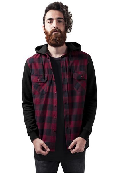 Urban Classics Hooded Checked Flanell Sweat Sleeve Shirt blk/burgundy/blk
